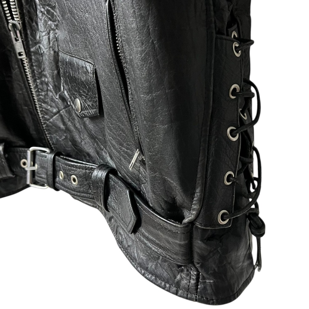 Mens Black Full Grain Leather Motorcycle Jacket Lace Up Sides Belt Size L - Picture 3 of 8